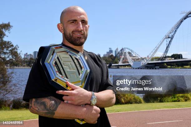 Alex Volkanovski UFC featherweight champion poses with his Championship Belt at Matagarup Bridge during a media opportunity promoting UFC 284 on...