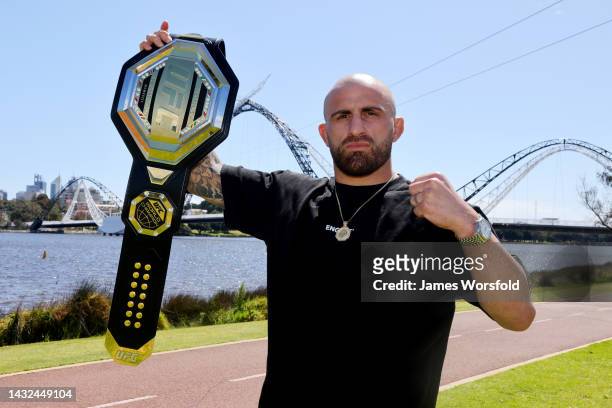 Alex Volkanovski UFC featherweight champion poses with his Championship Belt at Matagarup Bridge during a media opportunity promoting UFC 284 on...