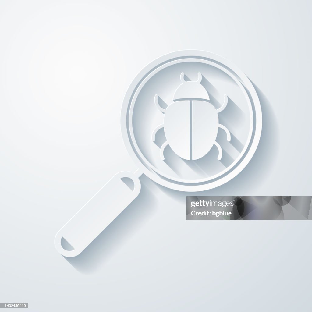 Magnifying glass with bug. Icon with paper cut effect on blank background