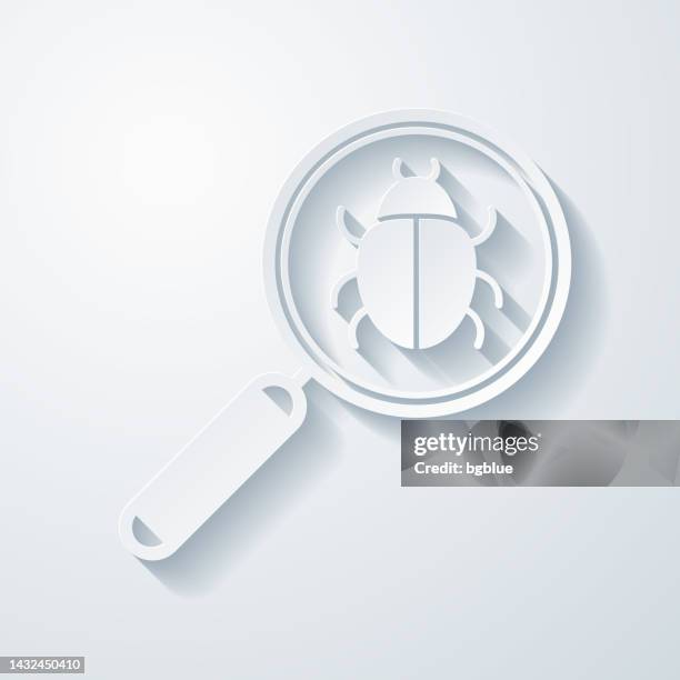 magnifying glass with bug. icon with paper cut effect on blank background - computer failure stock illustrations