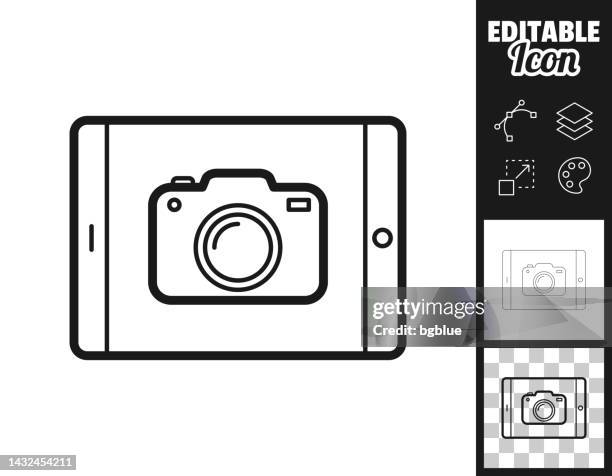 ilustraciones, imágenes clip art, dibujos animados e iconos de stock de tablet pc con cámara. icono para el diseño. fácilmente editable - mensaje de móvil