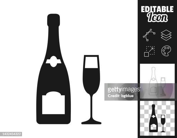 ilustraciones, imágenes clip art, dibujos animados e iconos de stock de botella y copa de champán. icono para el diseño. fácilmente editable - copa de champán