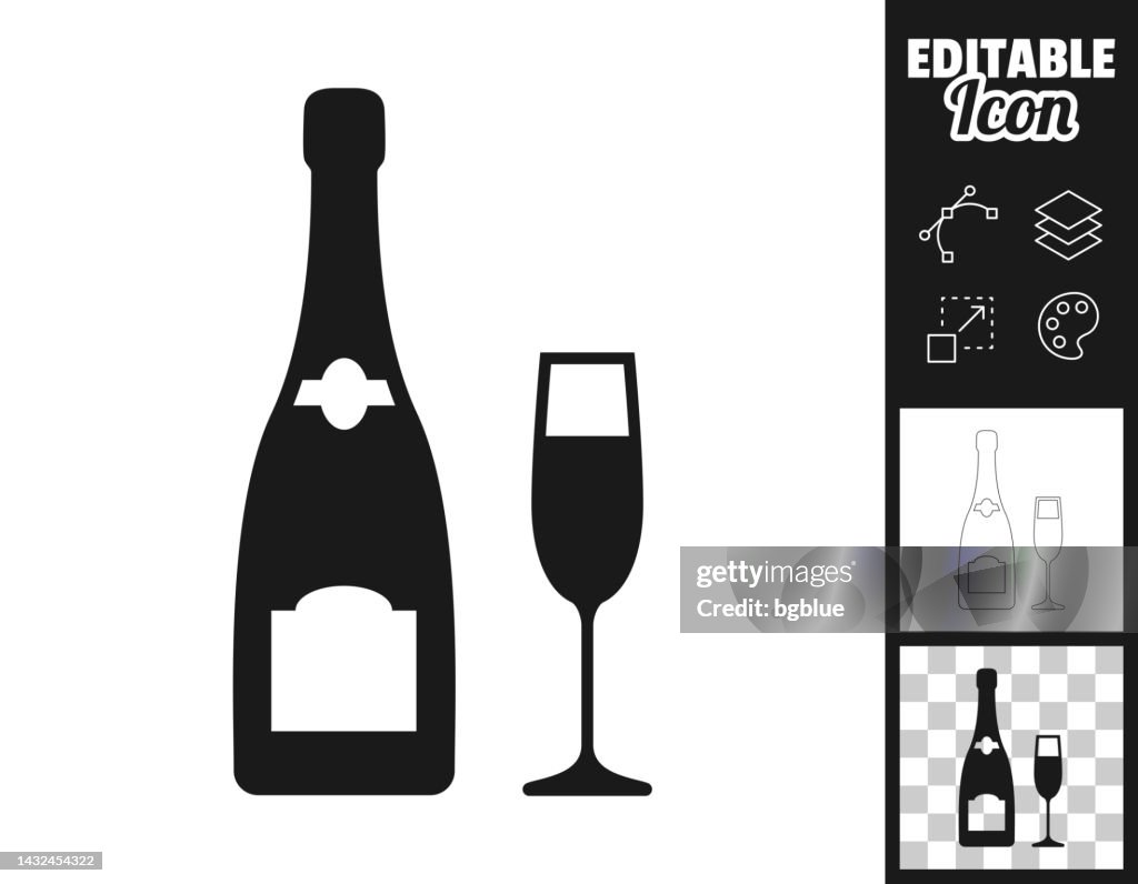 Champagne bottle and glass. Icon for design. Easily editable
