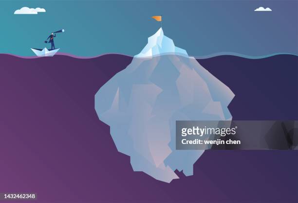 business man standing on paper boat looking for target with binoculars - iceberg ice formation stock illustrations