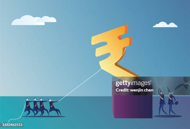 people use rope to help business man pull indian rupee down - destroy stock illustrations