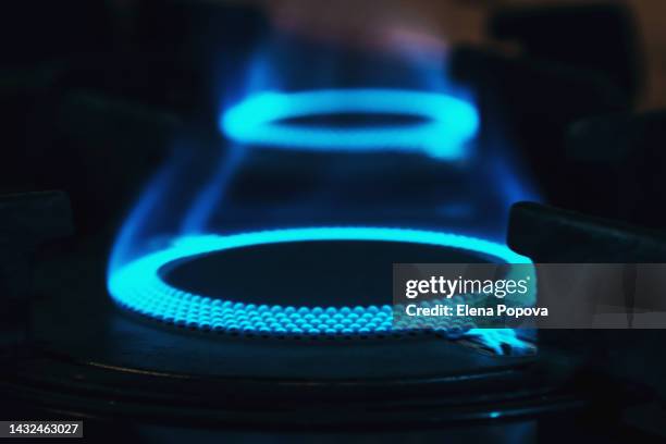 double blue flame of gas stove burner, ambient light - gas prices stock-fotos und bilder