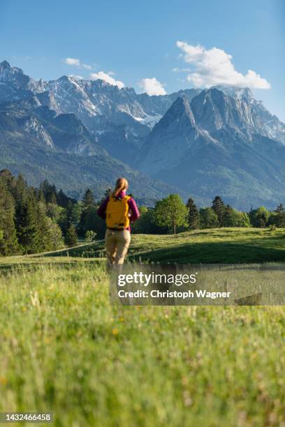 woman hiking in the alps - alpes do allgäu imagens e fotografias de stock
