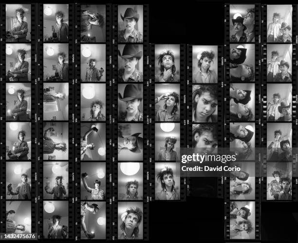 Contact sheet of a session of images of Nick Cave and Tracey Pew of The Birthday Party in Kilburn, London, United Kingdom, 15th July 1982.