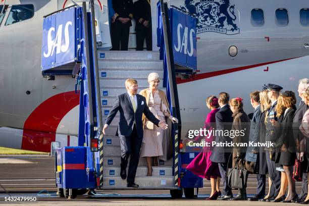King Willem-Alexander of The Netherlands and Queen Maxima of The Netherlands arrive at the airport and are welcomed by Crown Princess Victoria of...