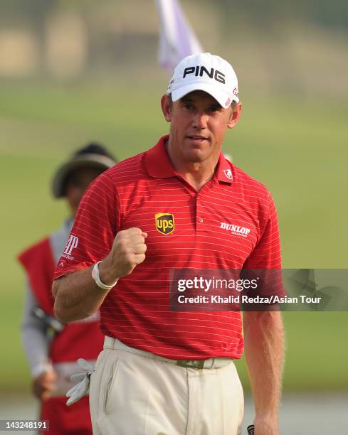 Lee Westwood of England celebrates during day four of the CIMB Niaga Indonesian Masters presented by PNTS at Royale Jakarta Golf Course on April 22,...