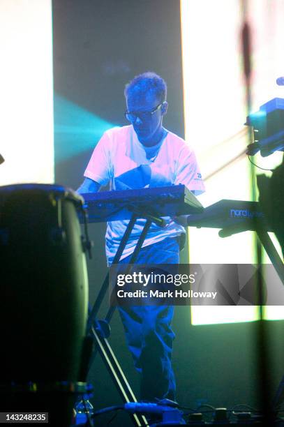 Neil Barnes of Leftfield performs on stage at Brixton Academy on April 21, 2012 in London, United Kingdom.