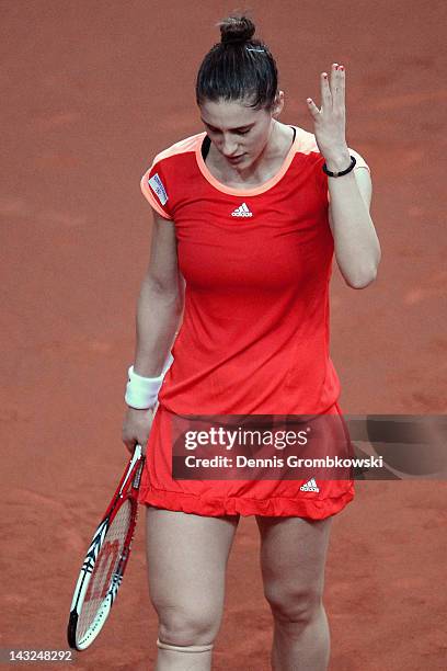 Andrea Petkovic of Germany reacts during her match against Samantha Stosur of Australia during day two of the Federation Cup 2012 World Group...