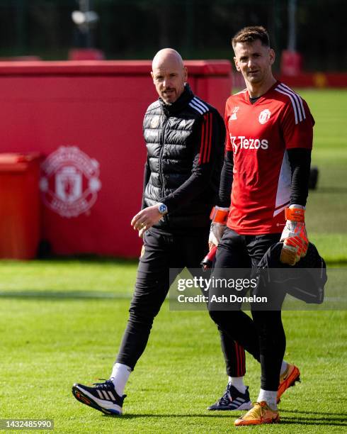 Manager Erik ten Hag, Tom Heaton of Manchester United in action during a first team training session at Carrington Training Ground on October 10,...