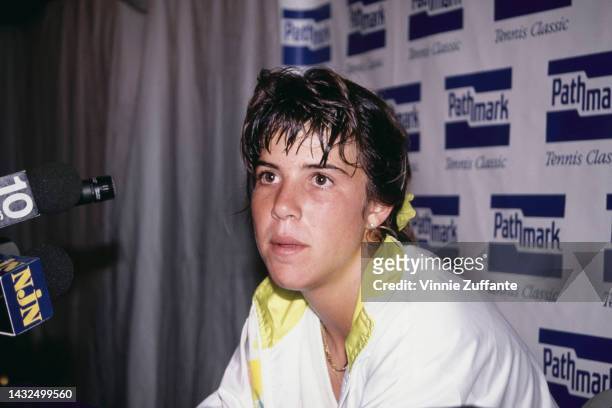 Jennifer Capriati talks in the press room after a tennis match at the Pathmark Tennis Classic in the United States, circa 1991.