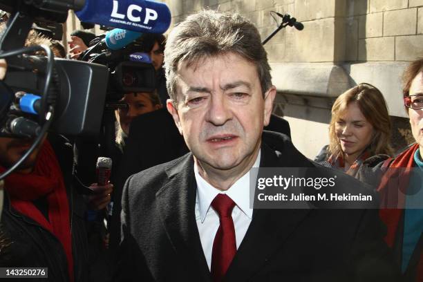 Front de Gauche candidate Jean-Luc Melenchon arrives to cast his vote during the first round of the 2012 French Presidential election on April 22,...