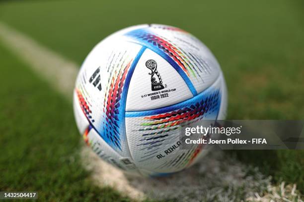 View of the Adidas Al Rihla official match ball ahaed of the FIFA U-17 Women's World Cup 2022 at DY Patil Stadium on October 11, 2022 in Navi Mumbai,...