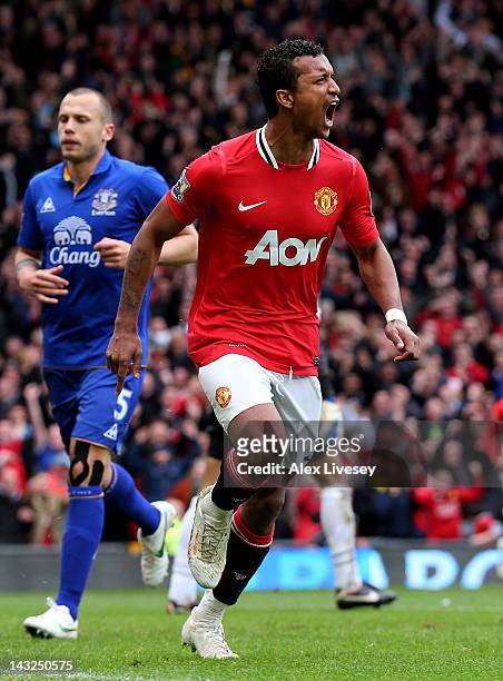 Nani of Manchester United celebrates scoring his team's third goal during the Barclays Premier League match between Manchester United and Everton at...