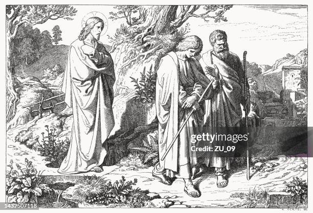 the risen jesus in emmaus, wood engraving, published in 1894 - new testament stock illustrations