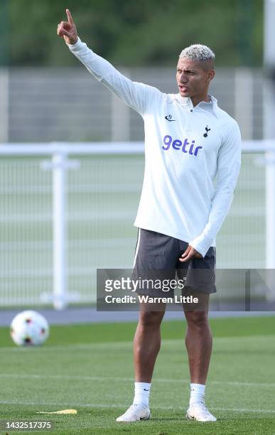 Richarlison of Tottenham Hotspur jokes around during the Tottenham Hotspur training session ahead of their UEFA Champions League group D match...