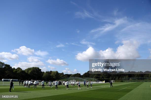 The Tottenham Hotspur team take part in a training session ahead of their UEFA Champions League group D match against Eintracht Frankfurt at...