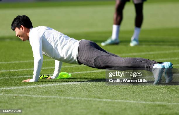 Heung-Min Son of Tottenham Hotspur takes part in a training session ahead of their UEFA Champions League group D match against Eintracht Frankfurt at...