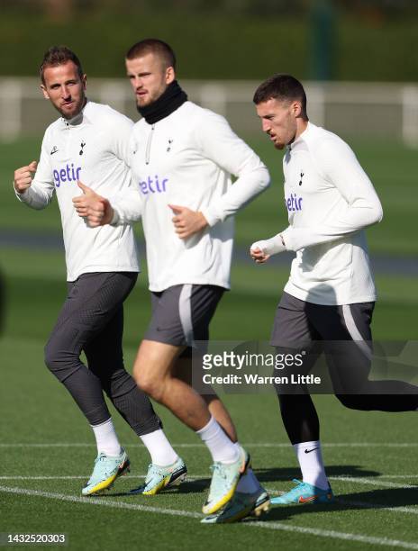 Harry Kane, Eric Dier and Ben Davies of Tottenham Hotspur take part in a training session ahead of their UEFA Champions League group D match against...