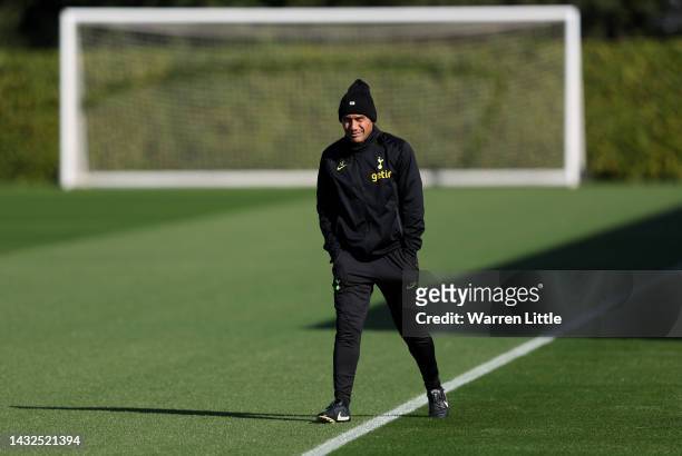 Antonio Conte, head coach of Tottenham Hotspur looks on during the Tottenham Hotspur training session ahead of their UEFA Champions League group D...