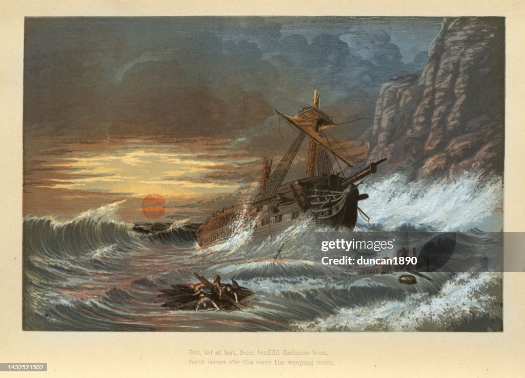 Sailing ship being wrecked on rocky coastline, Shipwreck, Storm, Rough Seas, Victorian 19th Century