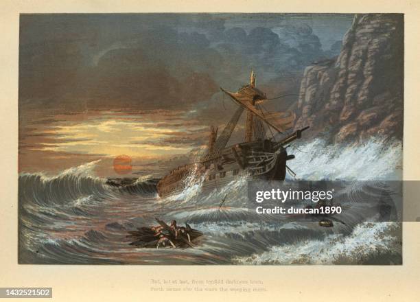 sailing ship being wrecked on rocky coastline, shipwreck, storm, rough seas, victorian 19th century - ship wreck stock illustrations