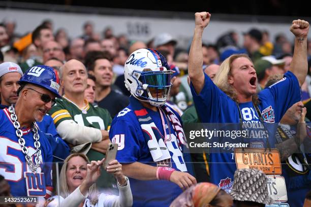 New York Giants fans enjoy the atmosphere during the NFL match between New York Giants and Green Bay Packers at Tottenham Hotspur Stadium on October...