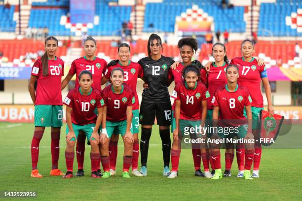 Players of Morocco pose prior to the FIFA U-17 Women's World Cup 2022 Group A match between Morocco and Brazil at Kalinga Stadium on October 11, 2022...