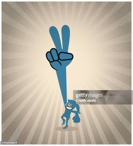 a powerful woman holds up her index and middle fingers to signal victory or peace - second stock illustrations