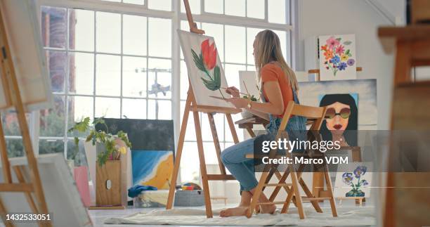 artist, woman painting and creative home studio, craft workshop and hobby project talent from back. relax lady painter with canvas, brush colors and art therapy inspiration for creativity learning - creative workshop stockfoto's en -beelden