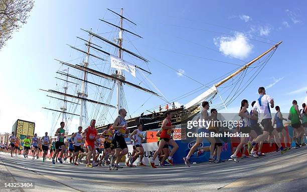 General view of runners as they run past the Cutty Sark during the Virgin London Marathon 2012 on April 21, 2012 in London, England.