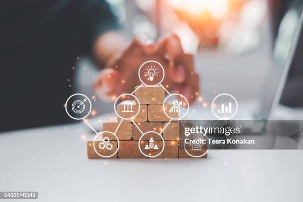 wooden stair block toy with business strategy icon and business development concept action plan. - performance improvement stock pictures, royalty-free photos & images