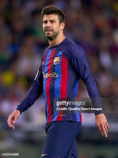 Gerard Pique of FC Barcelona looks on during the LaLiga Santander match between FC Barcelona and RC Celta at Camp Nou on October 09, 2022 in...