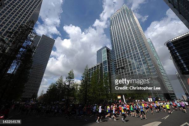 General view of Runners as they pass through Canary Wharf during the Virgin London Marathon 2012 on April 22, 2012 in London, England.