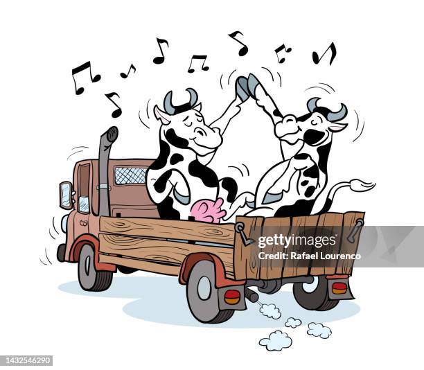 happy cows dancing over a retro pickup truck - funny dancing stock illustrations