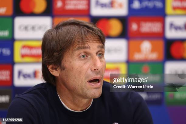 Antonio Conte, Head Coach of Tottenham Hotspur addresses a press conference ahead of the UEFA Champions League group D match against Eintracht...