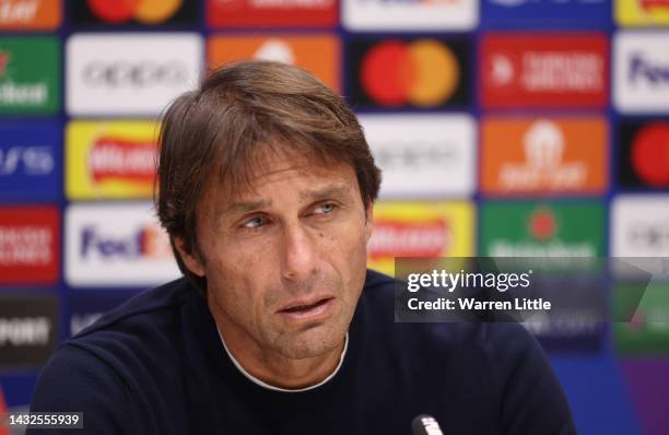 Antonio Conte, Head Coach of Tottenham Hotspur addresses a press conference ahead of the UEFA Champions League group D match against Eintracht...