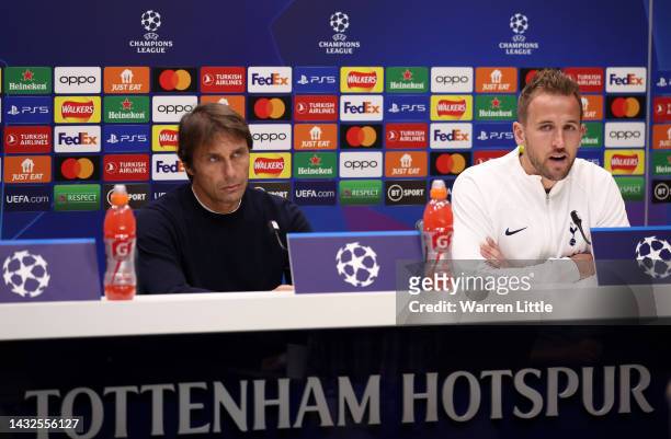 Antonio Conte, Head Coach of Tottenham Hotspur and Harry Kane of Tottenham Hotspur addresses a press conference ahead of the UEFA Champions League...