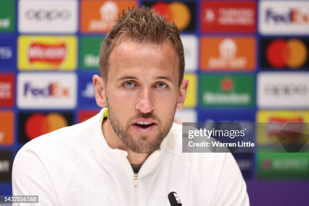 Harry Kane of Tottenham Hotspur addresses a press conference ahead of the UEFA Champions League group D match against Eintracht Frankfurt at...