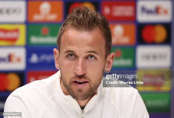 Harry Kane of Tottenham Hotspur addresses a press conference ahead of the UEFA Champions League group D match against Eintracht Frankfurt at...