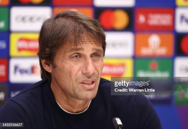 Antonio Conte, Head Coach of Tottenham Hotspur addresses a press conference ahead of the UEFA Champions League group D match against Eintracht...