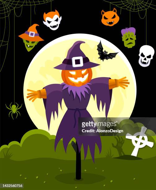halloween pumpkin scarecrow. - cover monster face stock illustrations