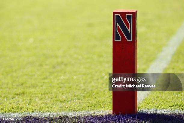 Detail of a pylon during the first half between the Northwestern Wildcats and the Wisconsin Badgers at Ryan Field on October 08, 2022 in Evanston,...