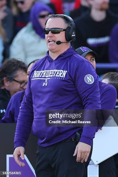 Head coach Pat Fitzgerald of the Northwestern Wildcats reacts against the Wisconsin Badgers during the first half at Ryan Field on October 08, 2022...