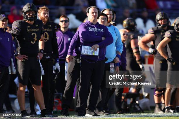 Head coach Pat Fitzgerald of the Northwestern Wildcats reacts to a missed field goal against the Wisconsin Badgers during the first half at Ryan...