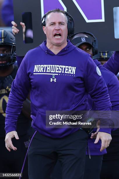 Head coach Pat Fitzgerald of the Northwestern Wildcats reacts against the Wisconsin Badgers during the second half at Ryan Field on October 08, 2022...