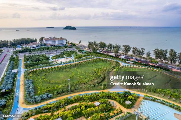 aerial view of songkhla city with samila beach in south of thailand - songkhla province stock pictures, royalty-free photos & images